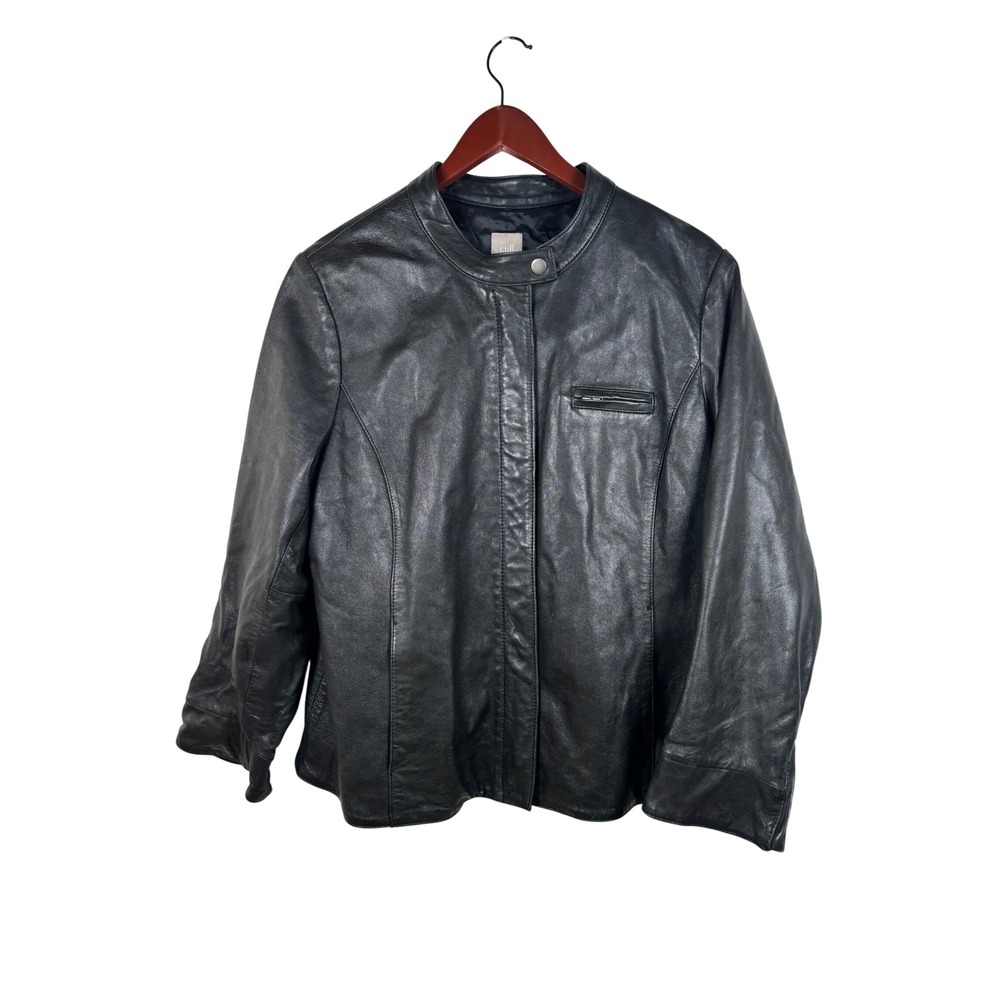 J. Jill Leather Jacket Large Petite Black Moto Stand Collar Zip Front